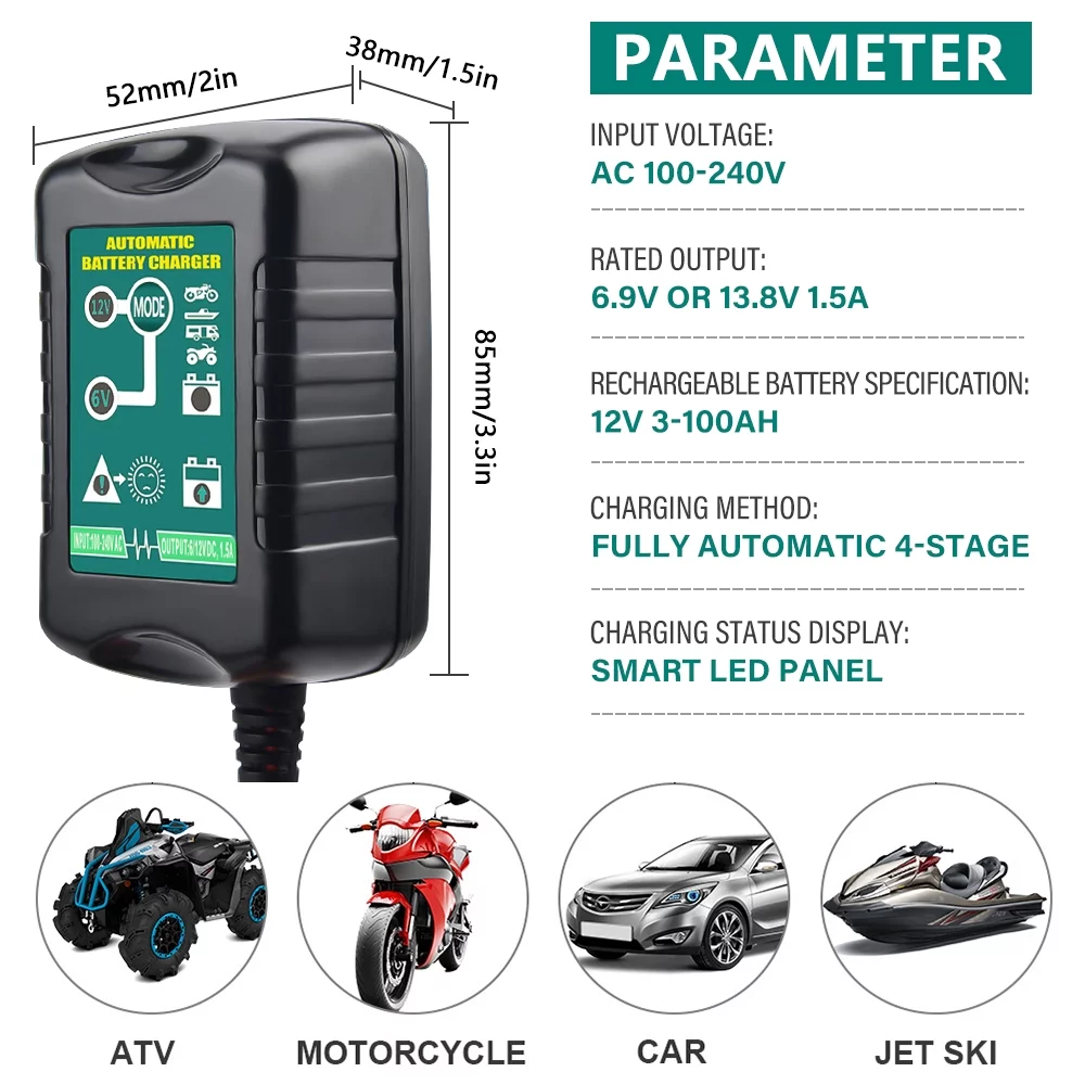 Automatic Battery Charger Maintainer Motorcycle Trickle Float Charger 6V 12V 1.5Amp for Motorcycles, Cars and ATVs - Inhomebuy