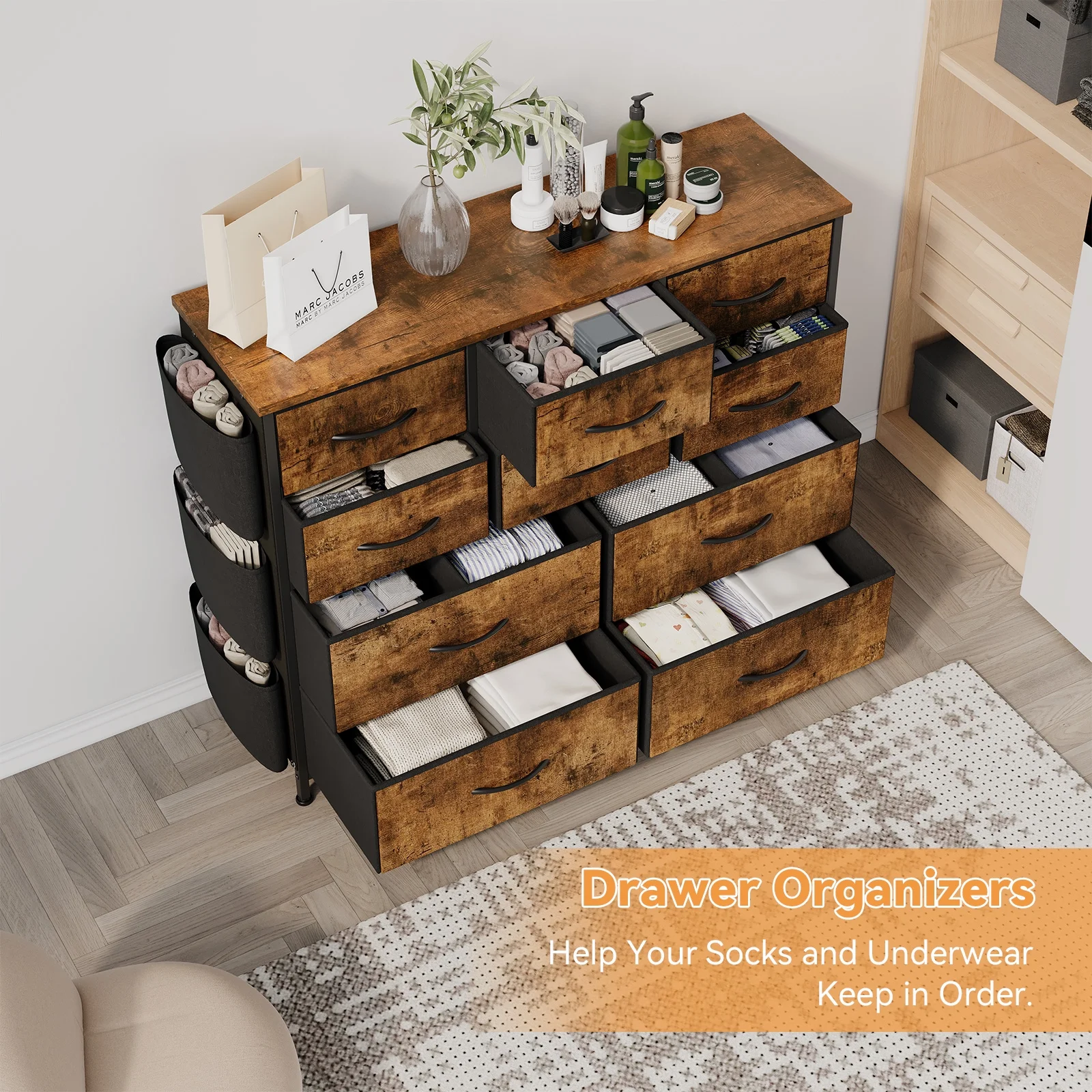 Zzistar 10 Drawers Dresser, Wood Top Dresser Chests of Drawers Storage Organizer Unit with Fabric Drawer - Inhomebuy