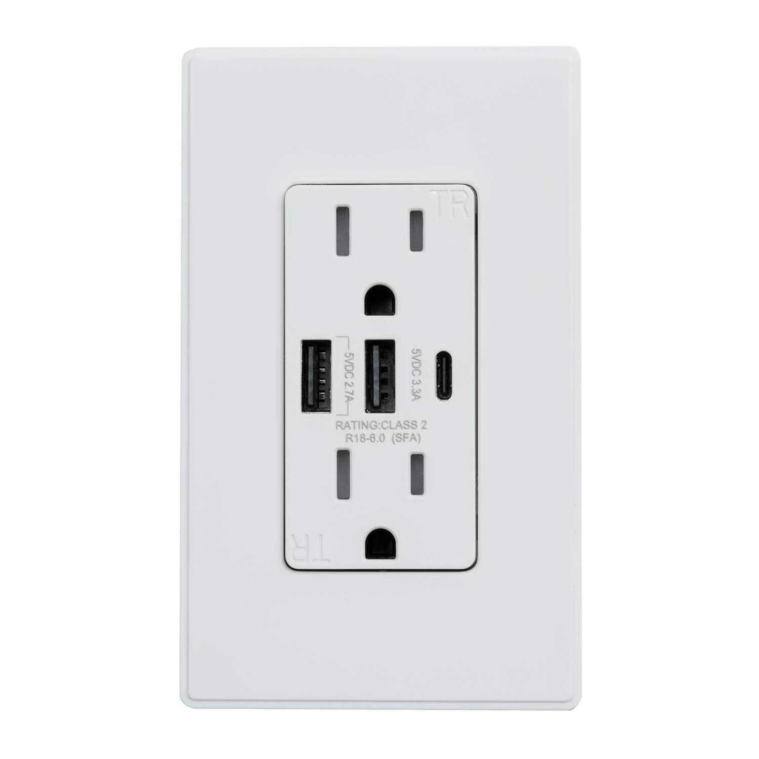 ELEGRP 30-Watt 15 Amp 3-Port Type C and Dual Type A USB Duplex Wall Outlet R1815D60AAC-WH6 - Inhomebuy