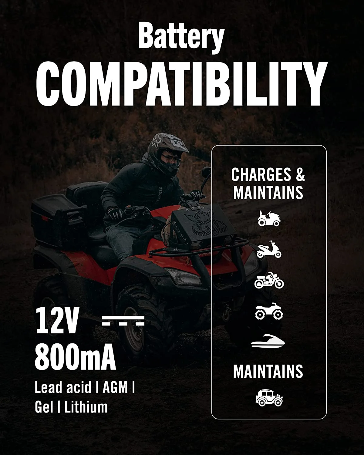 Battery Tender Junior 12V ,  800mA Battery Charger and Maintainer for Lead Acid and Lithium Batteries - Switchable Battery Charger for Powersports - 022-0199-DL-WH - Inhomebuy