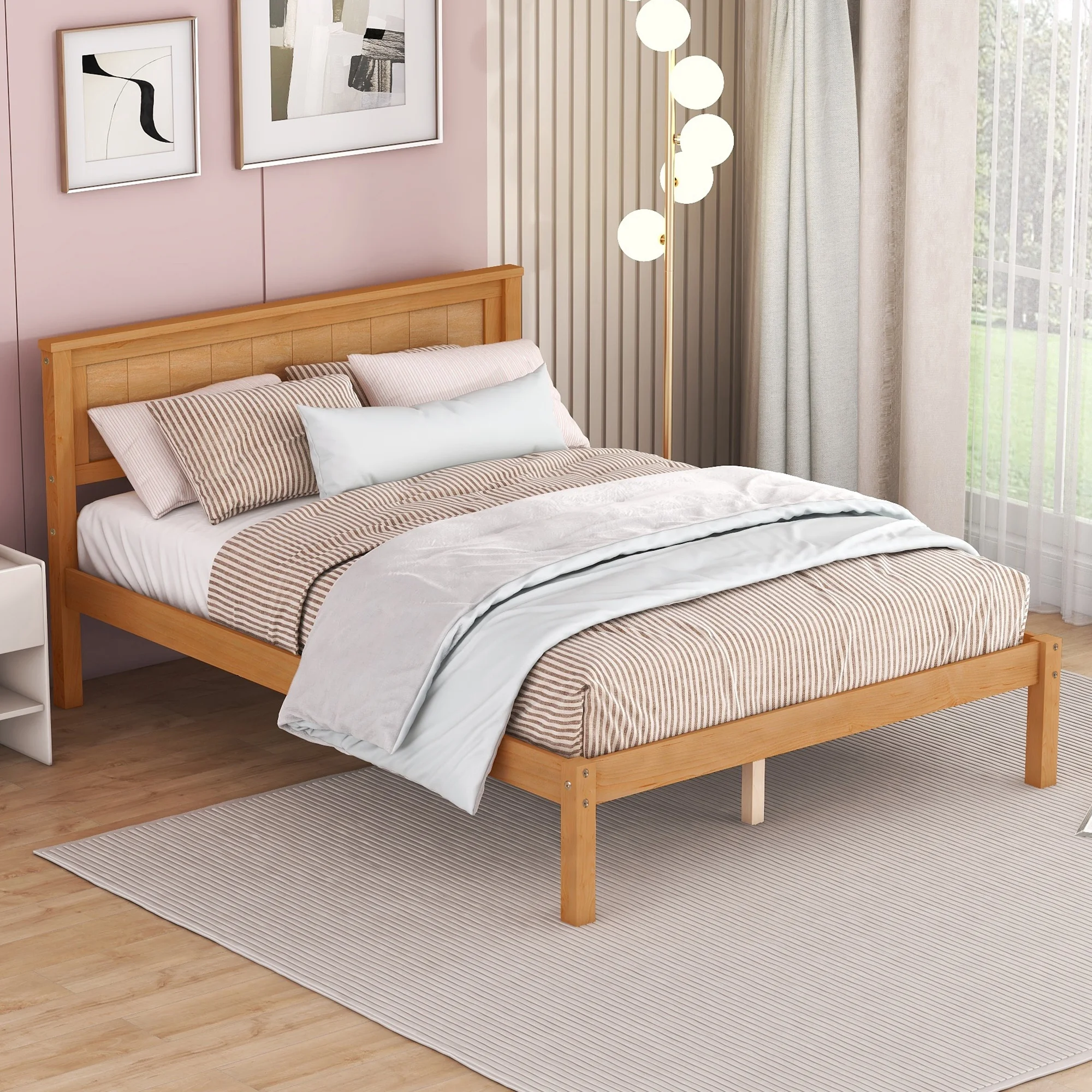 Euroco Twin Platform Bed, Modern Wood Frame Bed with Headboard and Slats for Kids Room, No Box Spring Needed, Oak - Inhomebuy