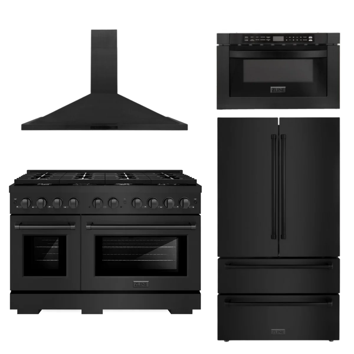 ZLINE Appliance Bundle - 48 In. Gas Range, Refrigerator, Range Hood, Microwave Drawer in Black Stainless Steel, Bundle-4KPR-SGRBRH48-MW - Inhomebuy