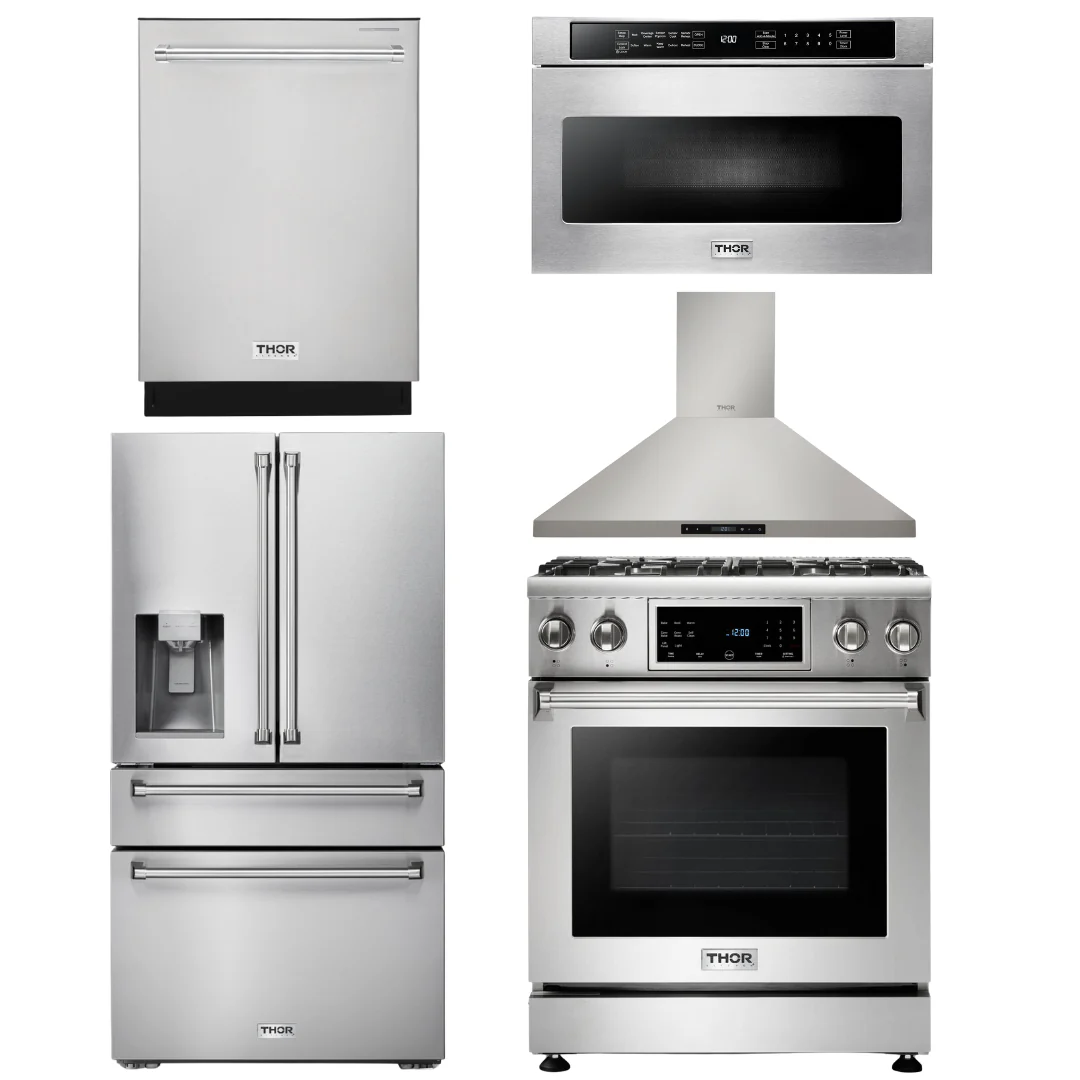 Thor Kitchen Package - 30 In. Propane Gas Range, Range Hood, Microwave Drawer, Refrigerator with Water and Ice Dispenser, Dishwasher, AP-TRG3001LP-13 - Inhomebuy