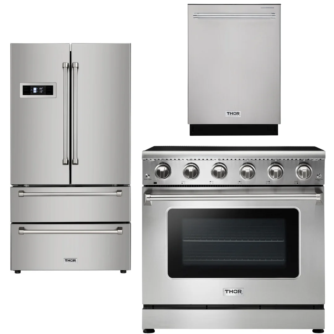 Thor Kitchen Appliance Bundle - 36 in. Electric Range, Refrigerator, Dishwasher, AB-HRE3601-2 - Inhomebuy