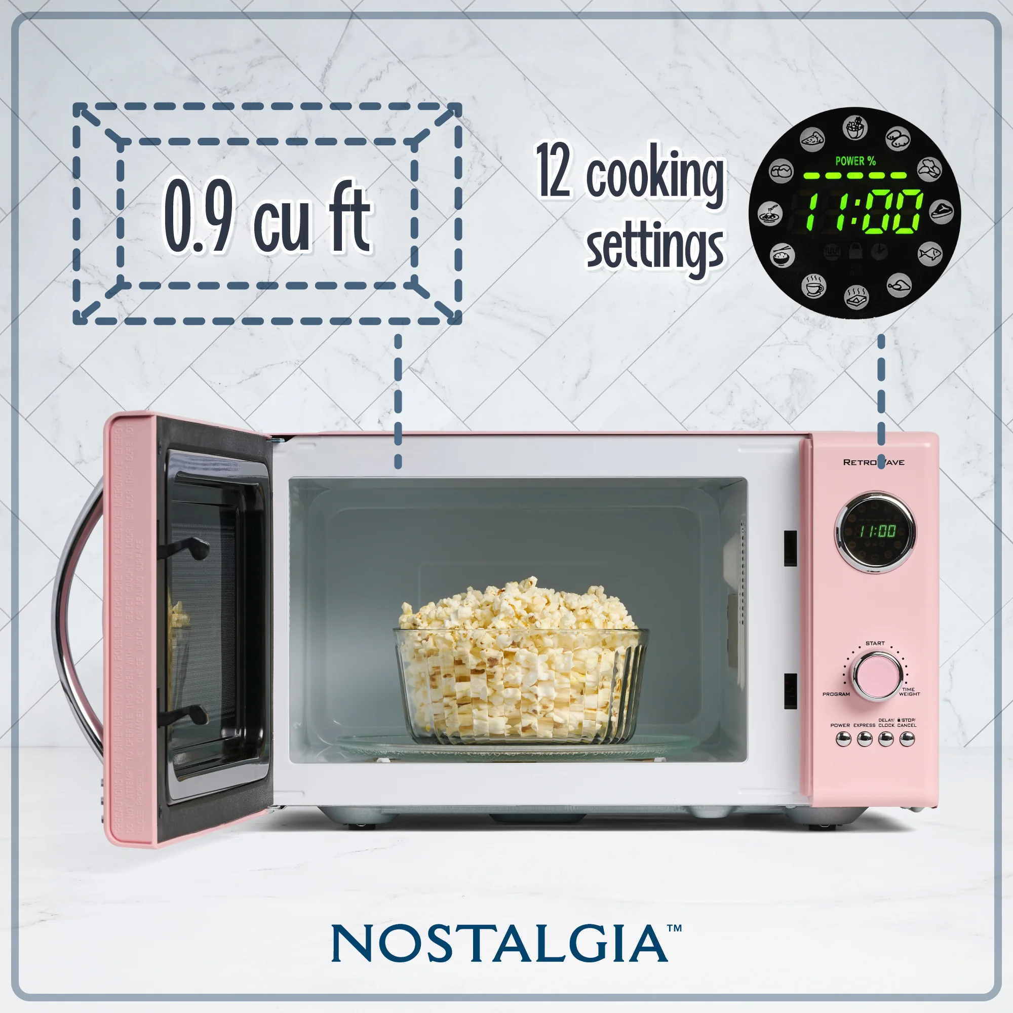 Retro 0.9 Cubic Foot 800-Watt Countertop Microwave Oven - Pink - Inhomebuy