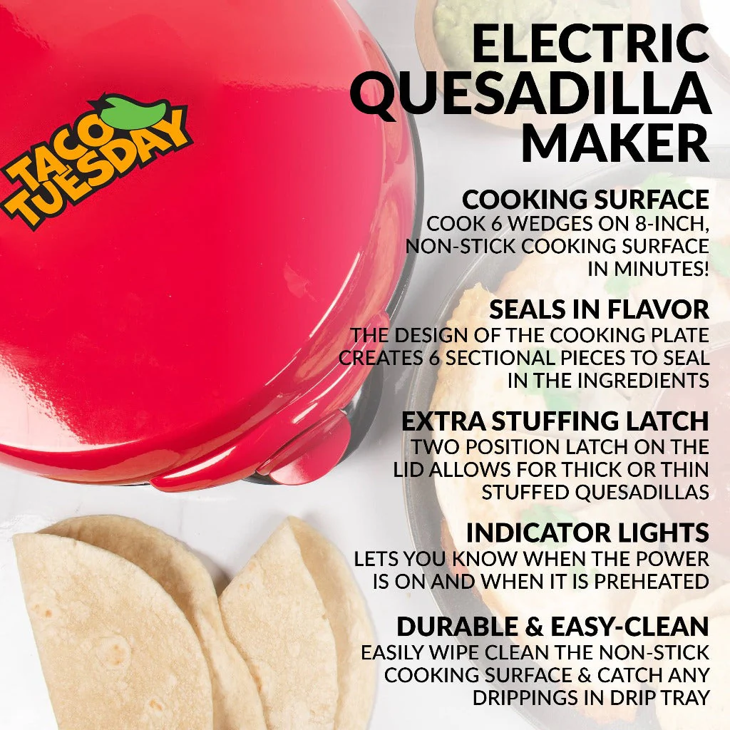 Taco Tuesday Deluxe 8-Inch 6-Wedge Electric Quesadilla Maker with Extra Stuffing Latch - Inhomebuy