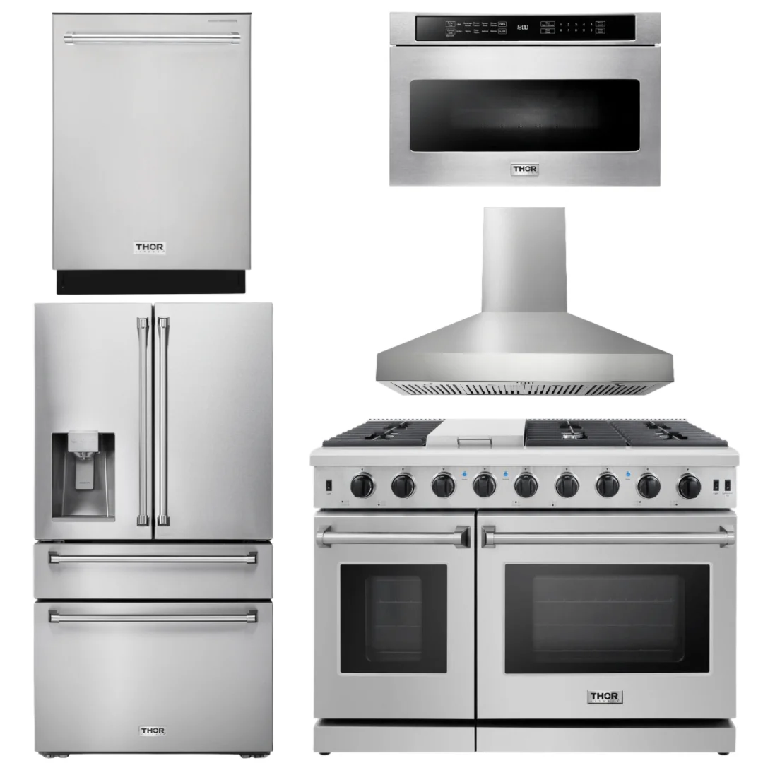 Thor Kitchen Bundle - 48 in. Gas Range, Range Hood, Dishwasher, Refrigerator with Water and Ice Dispenser, Microwave Drawer, AB-LRG4807U-W-9 - Inhomebuy