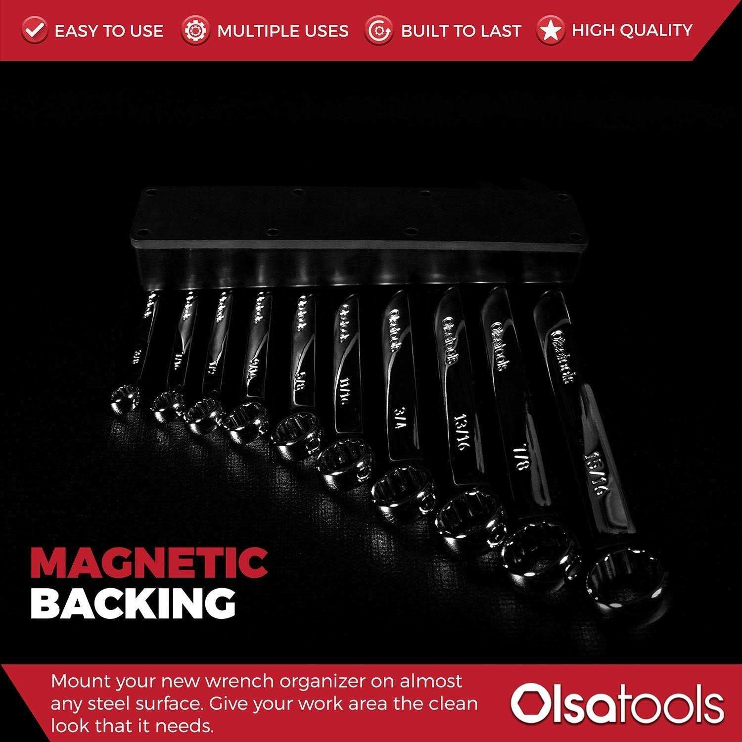 Olsa Tools Magnetic Wrench Holder Organizer Fits SAE 3/8 Thru 15/16 & Metric 10mm Thru 19mm - Inhomebuy