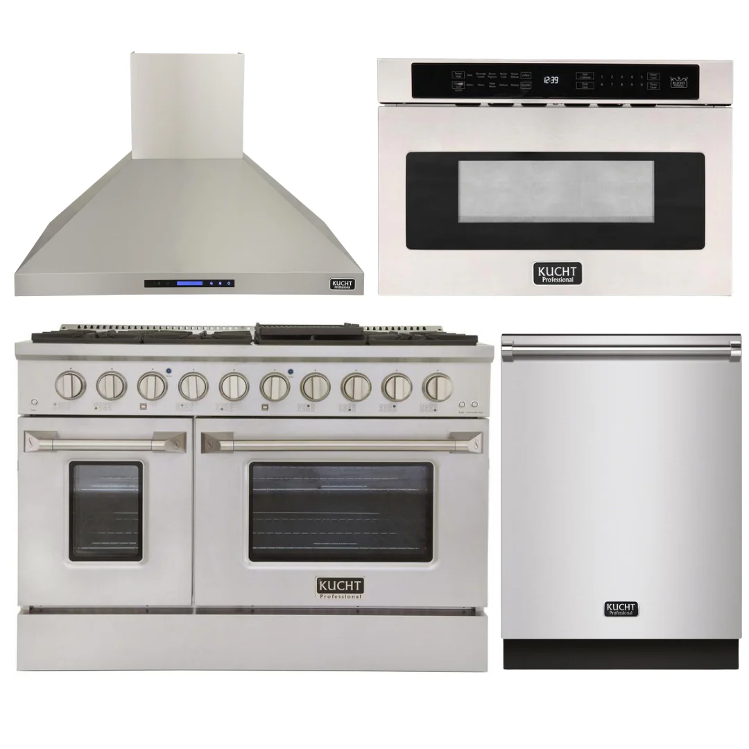 Kucht Professional 48 in. 6.7 cu ft. Natural Gas Range, Range Hood, Microwave Drawer, Dishwasher Package, AP-KNG481-S-4 - Inhomebuy