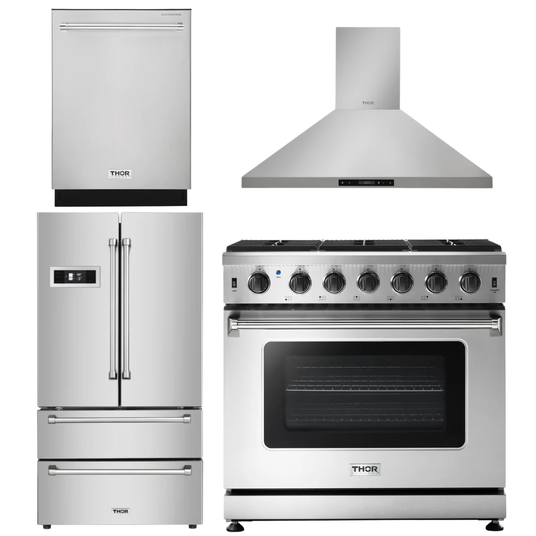 Thor Kitchen Appliance Bundle - 36 In. Propane Range in a 4 Piece Kitchen Set, AB-LRG3601ULP-3 - Inhomebuy