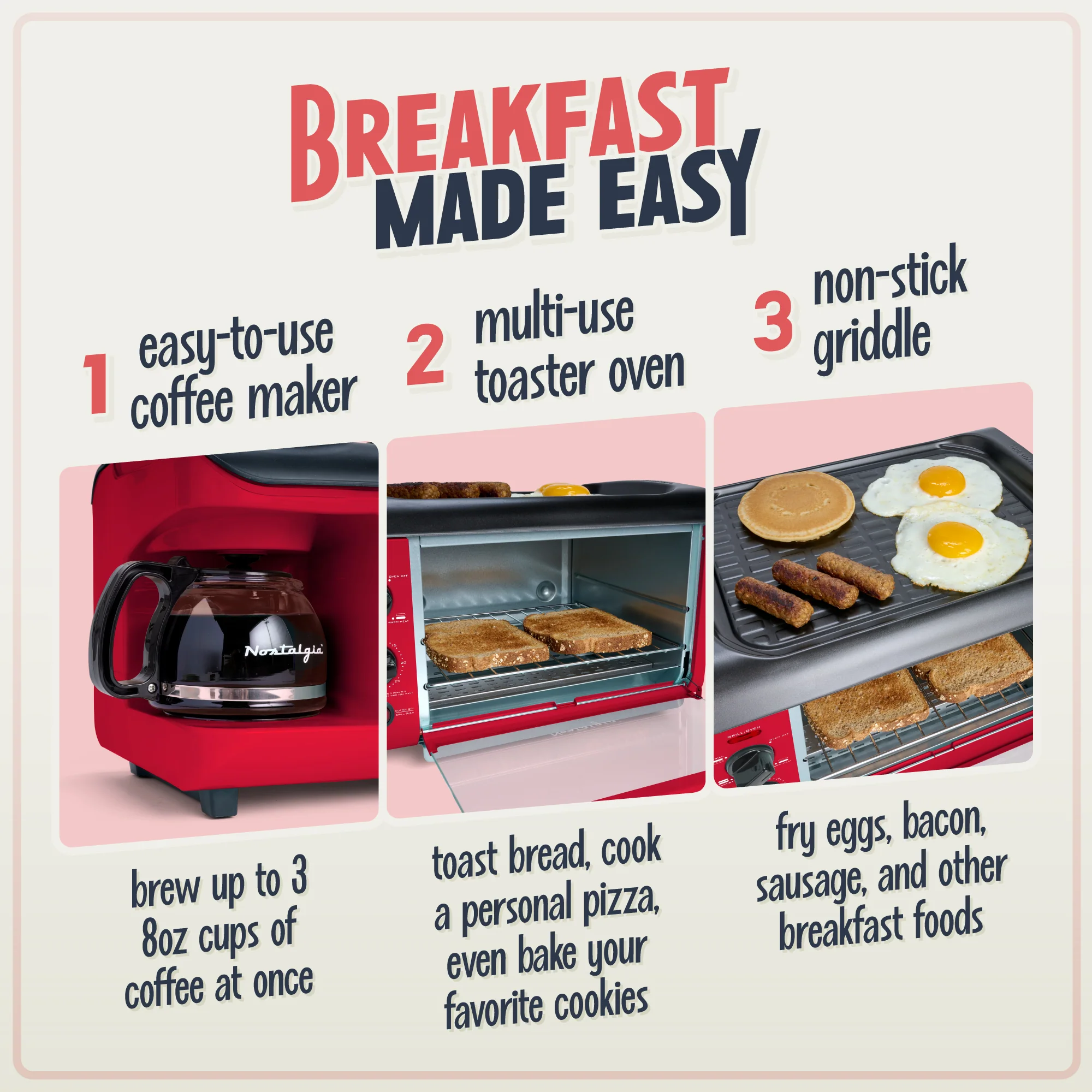 Retro 3-in-1 Family Size Breakfast Station, Retro Red - Inhomebuy