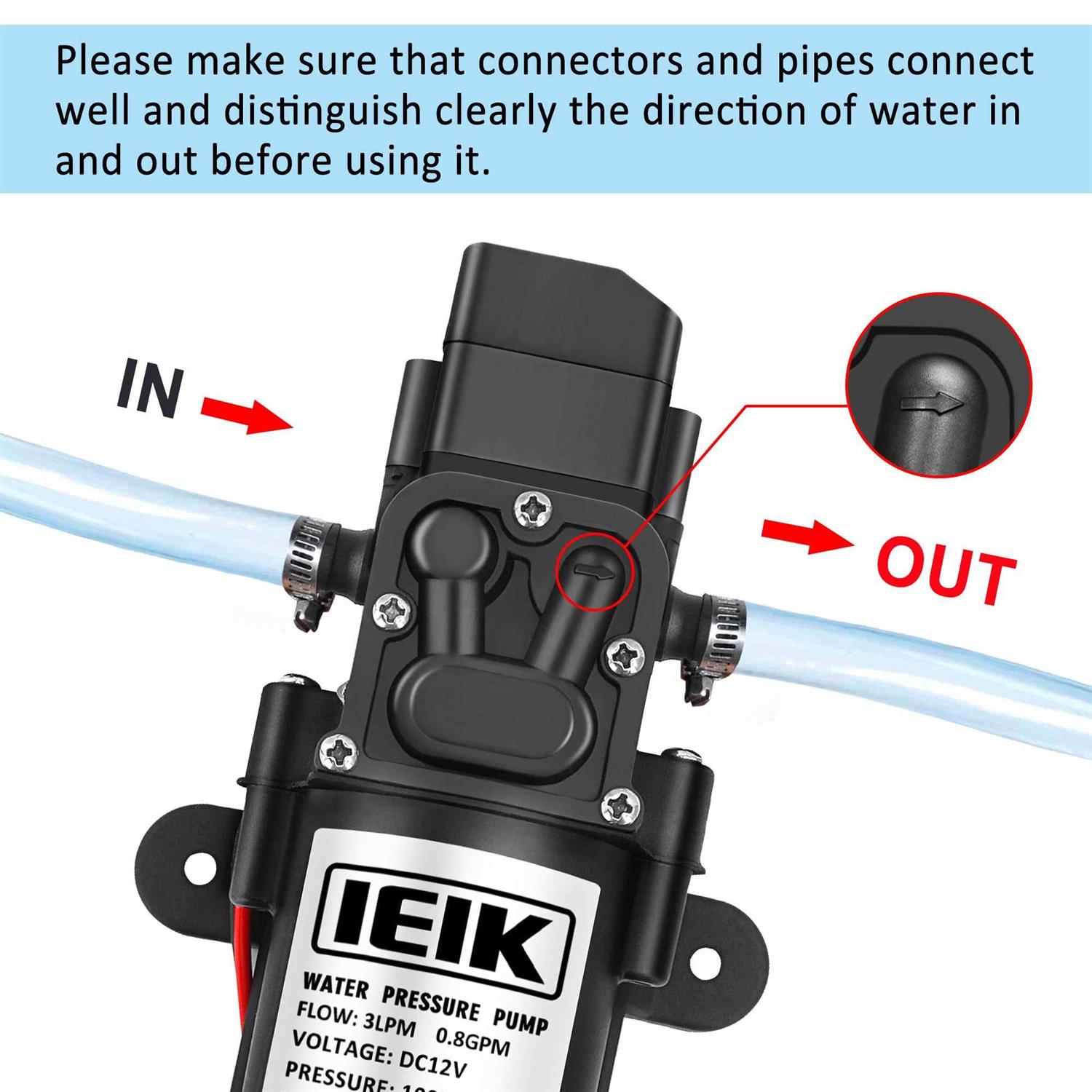 IEIK 12 Volt Diaphragm Pump 3LPM 0.8 GPM 100PSI Self Priming Sprayer Pump 12V DC Fresh Water Pump Water Pressure RV Camper Marine Boat - Inhomebuy
