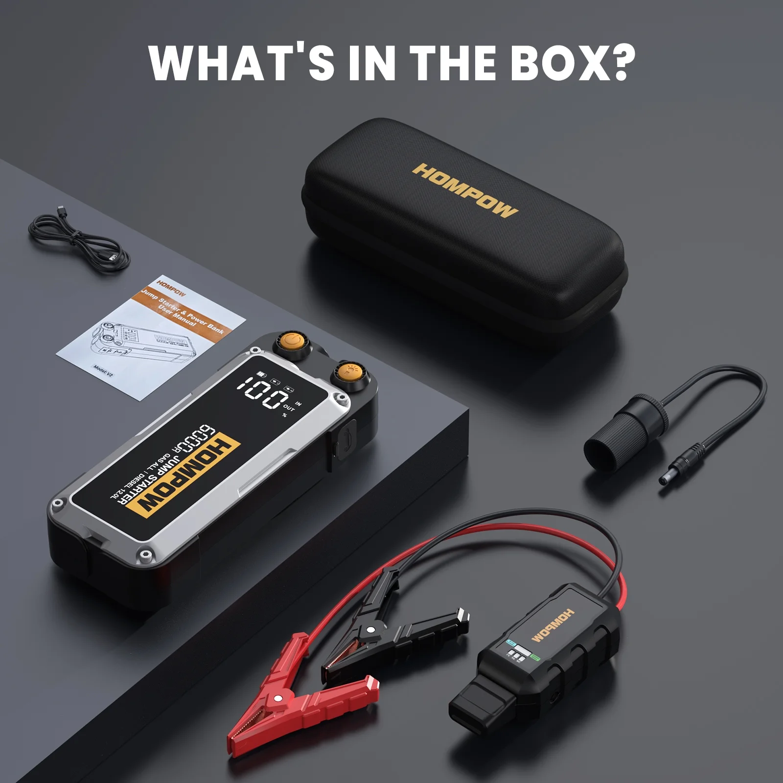 HOMPOW Jump Starter 6000A 28000mAh Peak for All Gas and up to 12L Diesel Engine, Portable Car Battery Charger Jump Box with LCD Screen, LED Light ,Type-C Fast Charging - Inhomebuy