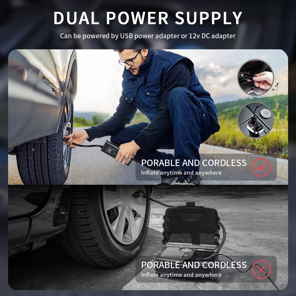 Tire Inflator, Portable Air Compressor, 150 PSI Fast Inflation & Cordless Tire Pump with Rechargeable 6000mAh Battery, Electric Air Pump for Car, Bicycle, Motorcycles, Ball - Inhomebuy