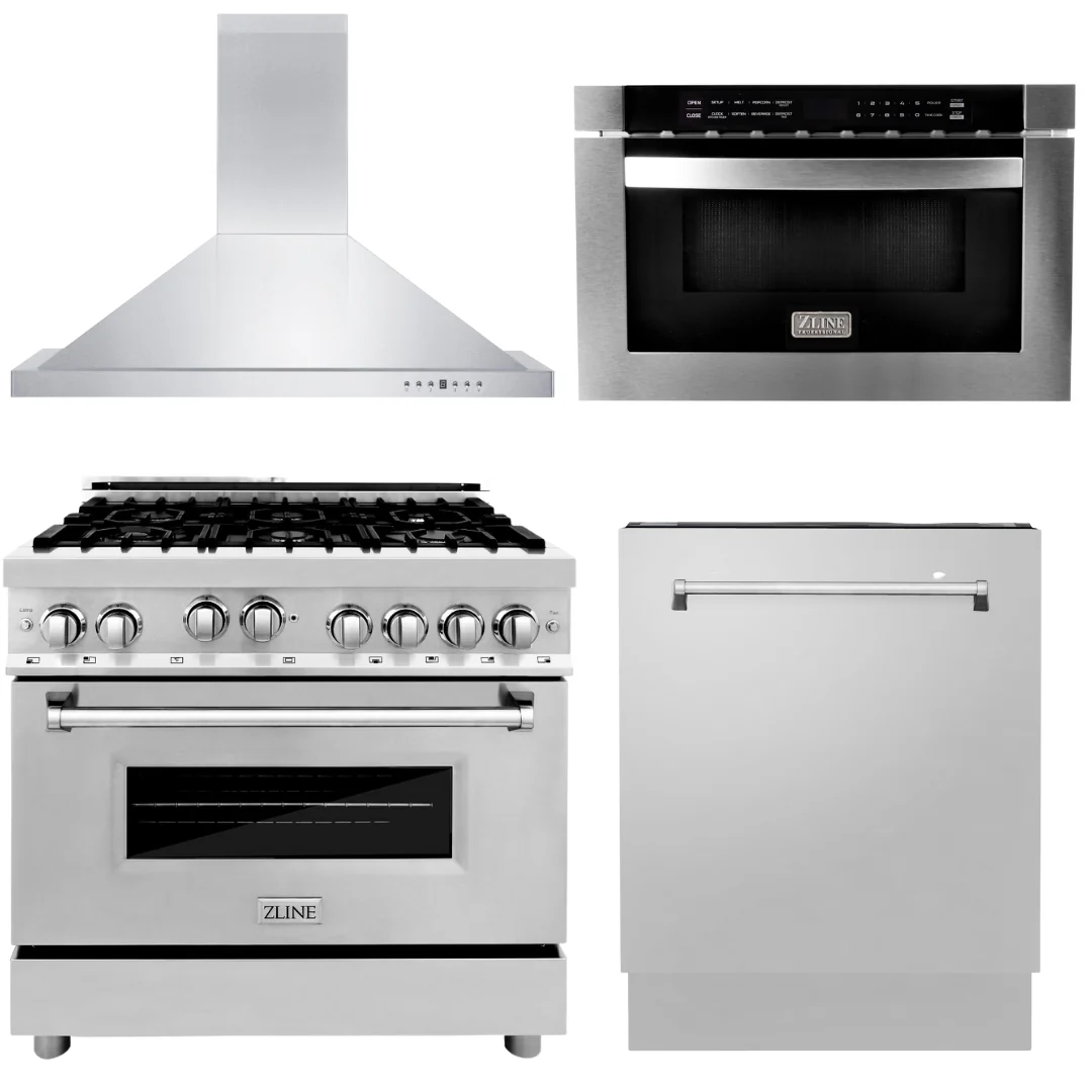 ZLINE Appliance Bundle - 36 in. Gas Range, Range Hood, Microwave Drawer, 3 Rack Dishwasher Package, AB-RG36-5 - Inhomebuy