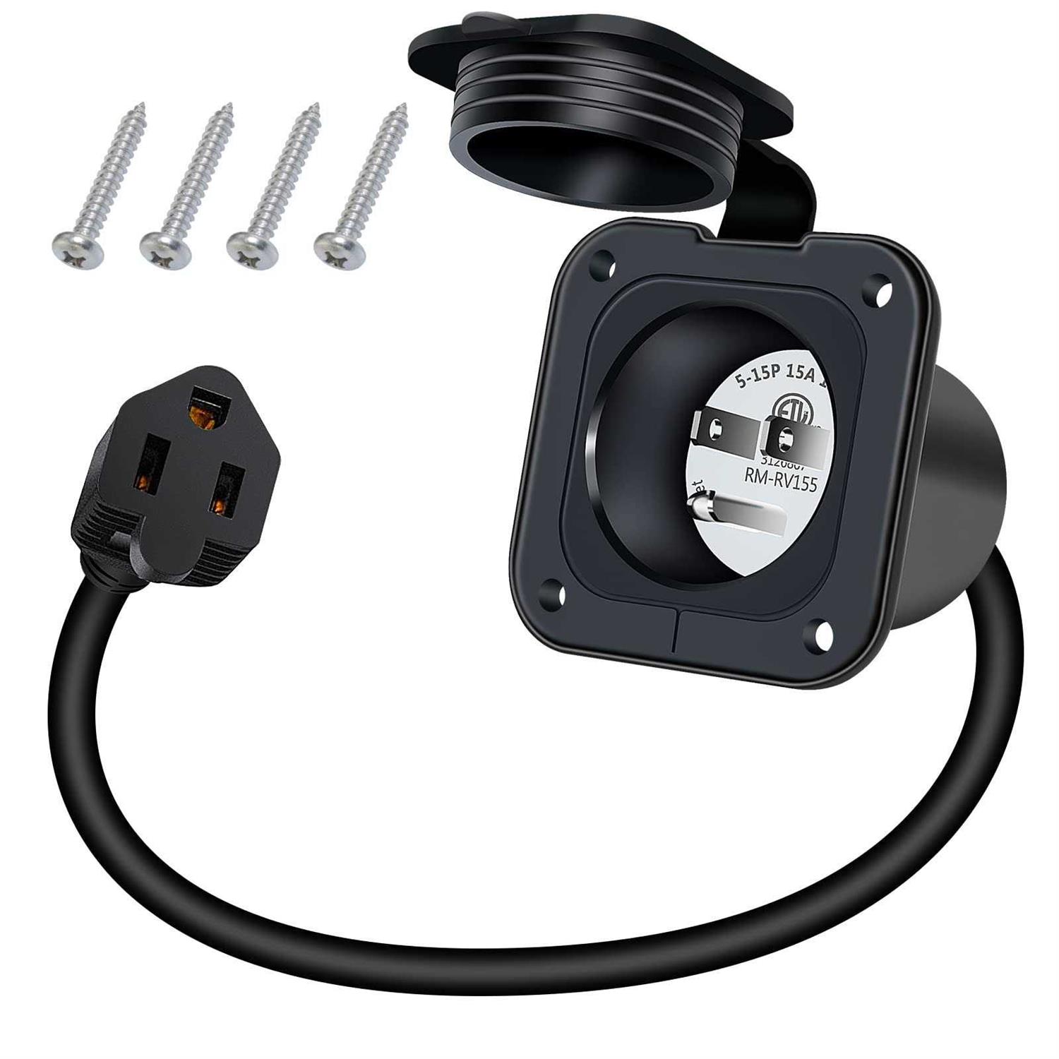 EilxMag 15 Amp RV Shore Power Inlet 125V Flanged Inlet Power Inlet Port Plug NEMA 5-15P RV Outlet with Integrated Dual 18 Cord - Inhomebuy