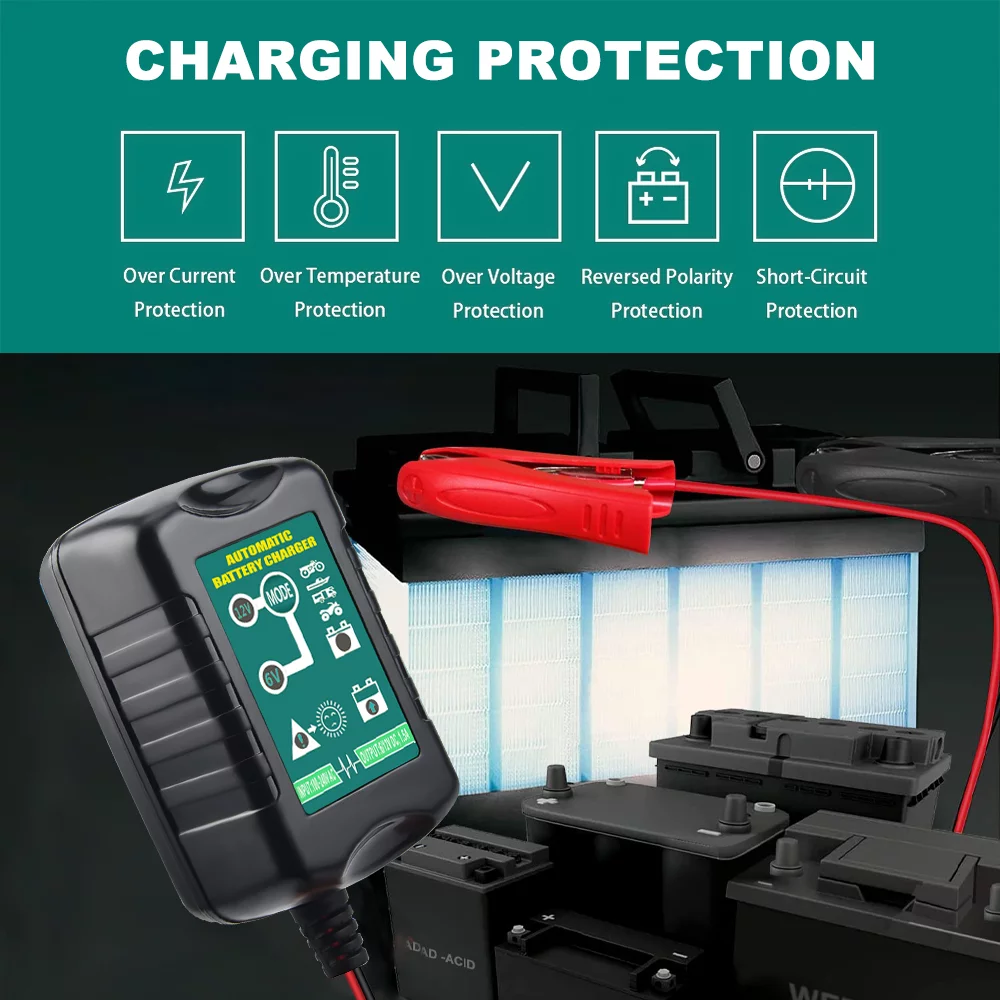 Automatic Battery Charger Maintainer Motorcycle Trickle Float Charger 6V 12V 1.5Amp for Motorcycles, Cars and ATVs - Inhomebuy