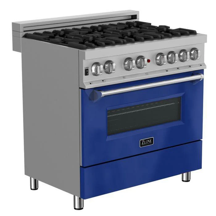 ZLINE 36 in. Professional Gas Burner/Electric Oven in DuraSnow® Stainless with Blue Gloss Door, RAS-BG-36 - Inhomebuy