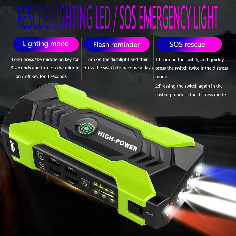 FIEWESEY Portable 12V Car Jump Starter Portable USB Power Bank Battery Booster Clamp 600A (Green) - Inhomebuy