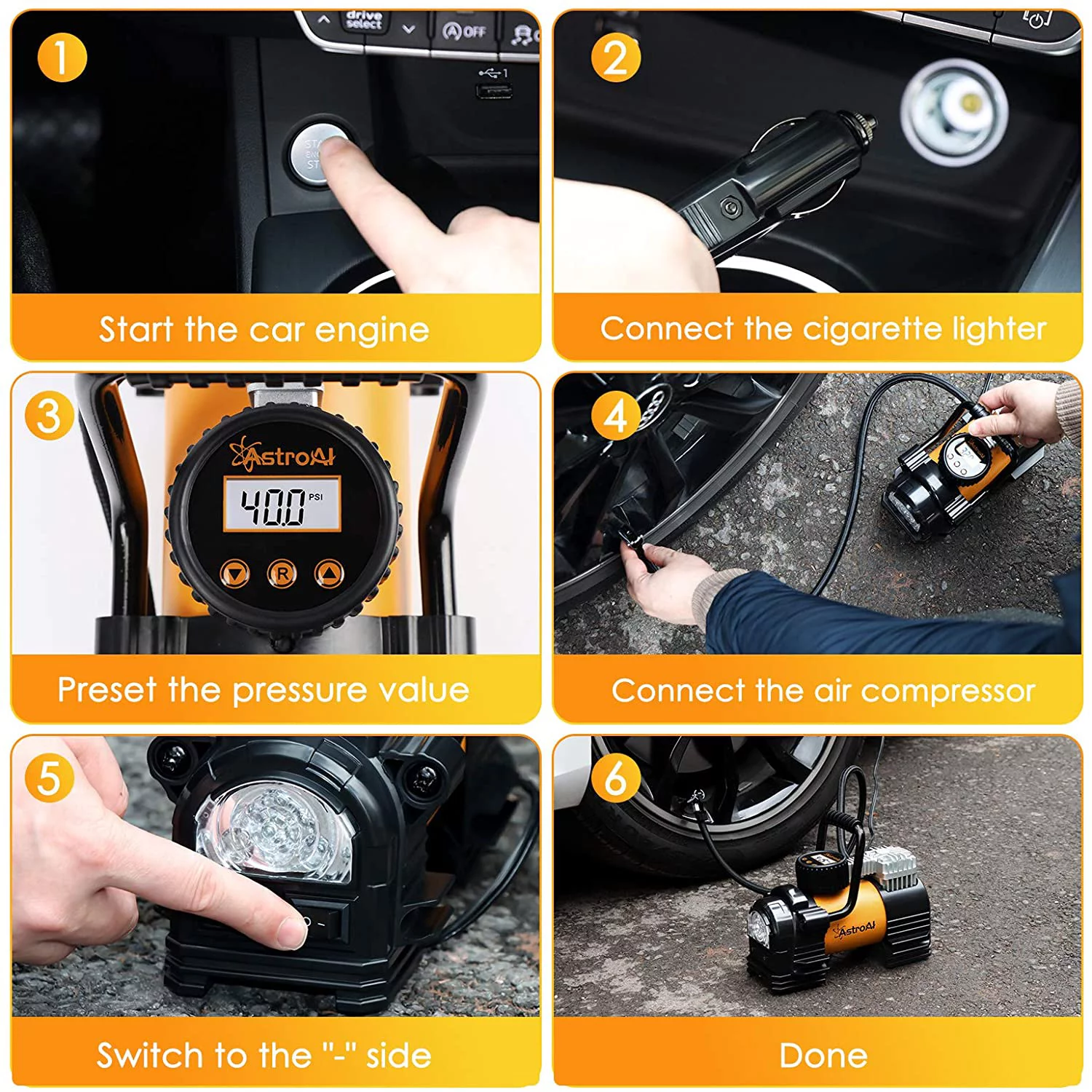 AstroAI Tire Inflator Portable Air Pump for Car Tires, Digital Air Compressor 150PSI, Yellow - Inhomebuy