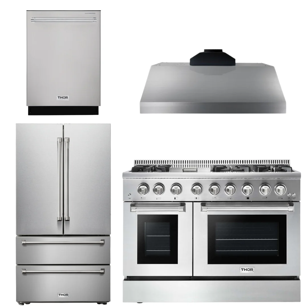 Thor Kitchen Package - 48 In. Gas Burner/Electric Oven Range, Range Hood, Refrigerator, Dishwasher, AP-HRD4803U-16 - Inhomebuy