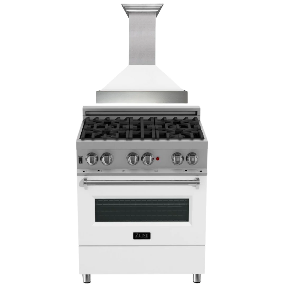 ZLINE Kitchen and Bath 30 in. Dual Fuel Range in DuraSnow® with White Matte Door & 30 in. Range Hood Appliance Package, 2KP-RASWMRH30 - Inhomebuy