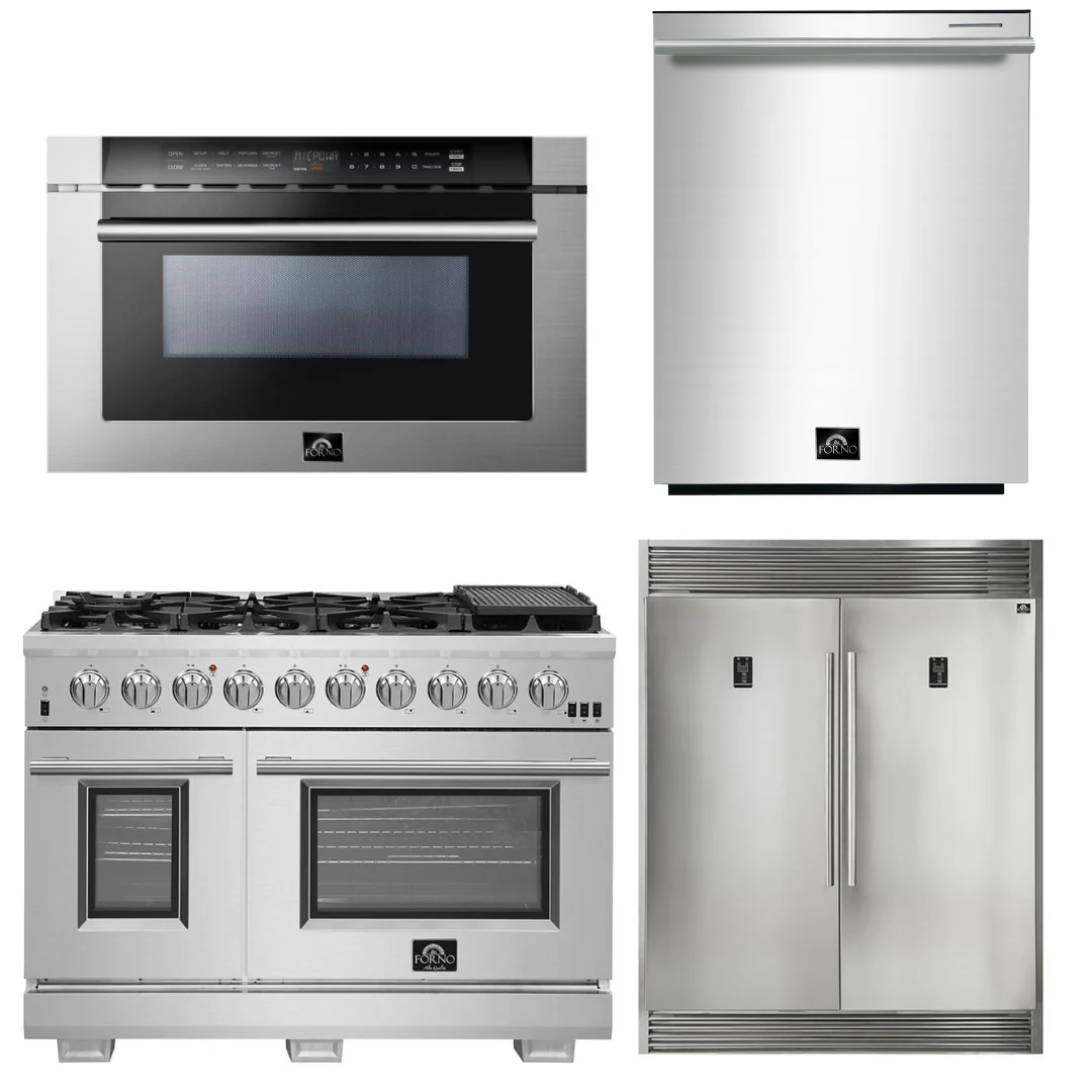 Forno Appliance Package - 48 Inch Gas Burner/Electric Oven Pro Range, Refrigerator, Microwave Drawer, Dishwasher, AP-FFSGS6187-48-7 - Inhomebuy