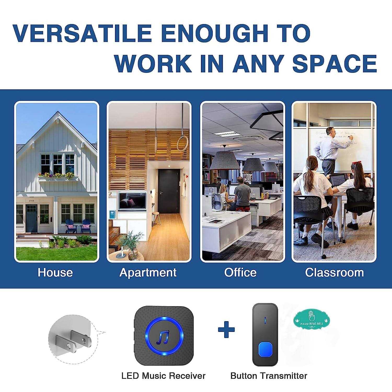 Wireless Doorbell PHYSEN Door Bell Chimes with Mute Mode 58 Ringtones&5 Volume Levels - Inhomebuy