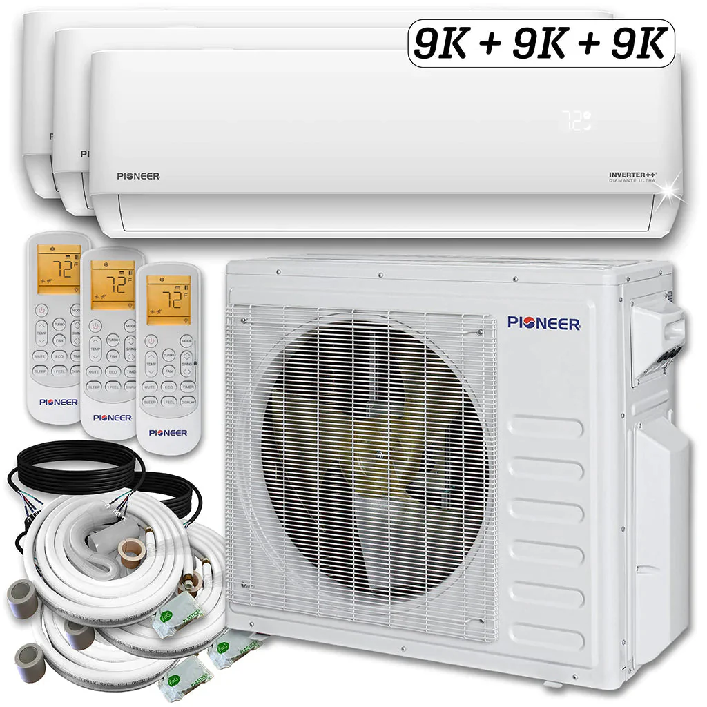 Pioneer® Mini Split 27,000 BTU 3 Zone Ductless Air Conditioner and Heat Pump with 33 ft. Kits, WYT030GLHI22M3-9W-9W-9W-33 - Inhomebuy