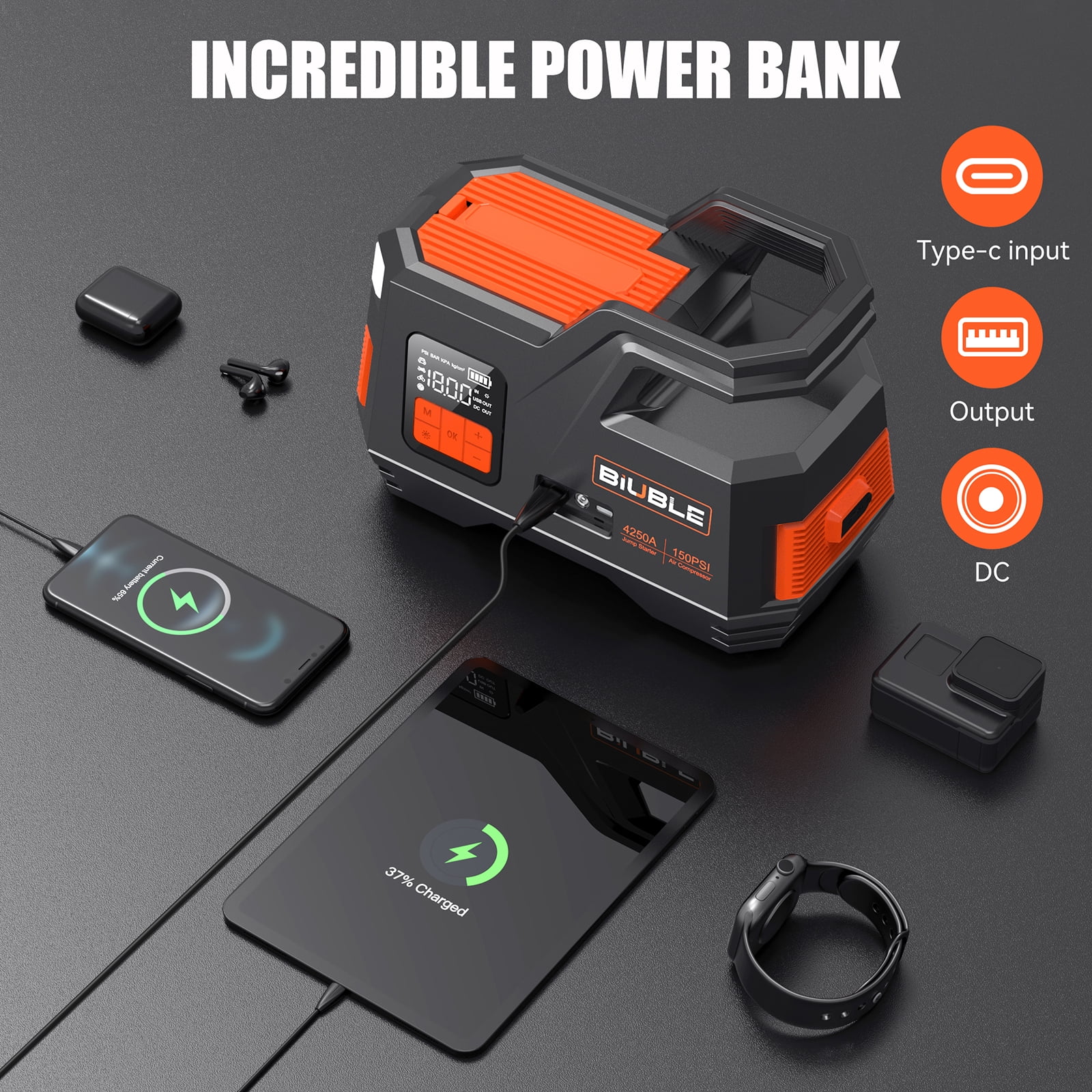 Biuble Car Jump Starter with Air Compressor, 4500A Peak 26800mAh 12V Auto with 150PSI Tire Inflator(up to All Gas or 10.0L Diesel Engine) - Inhomebuy