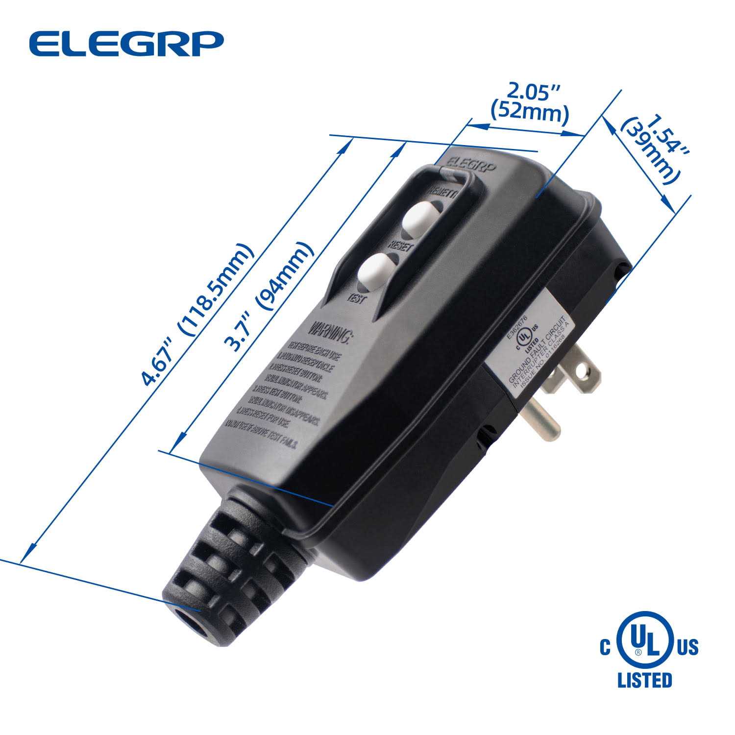 ELEGRP 4.67 in. 15 Amp Auto Reset 3 Prong Portable GFCI Replacement Right Angle Plug Assembly - Inhomebuy