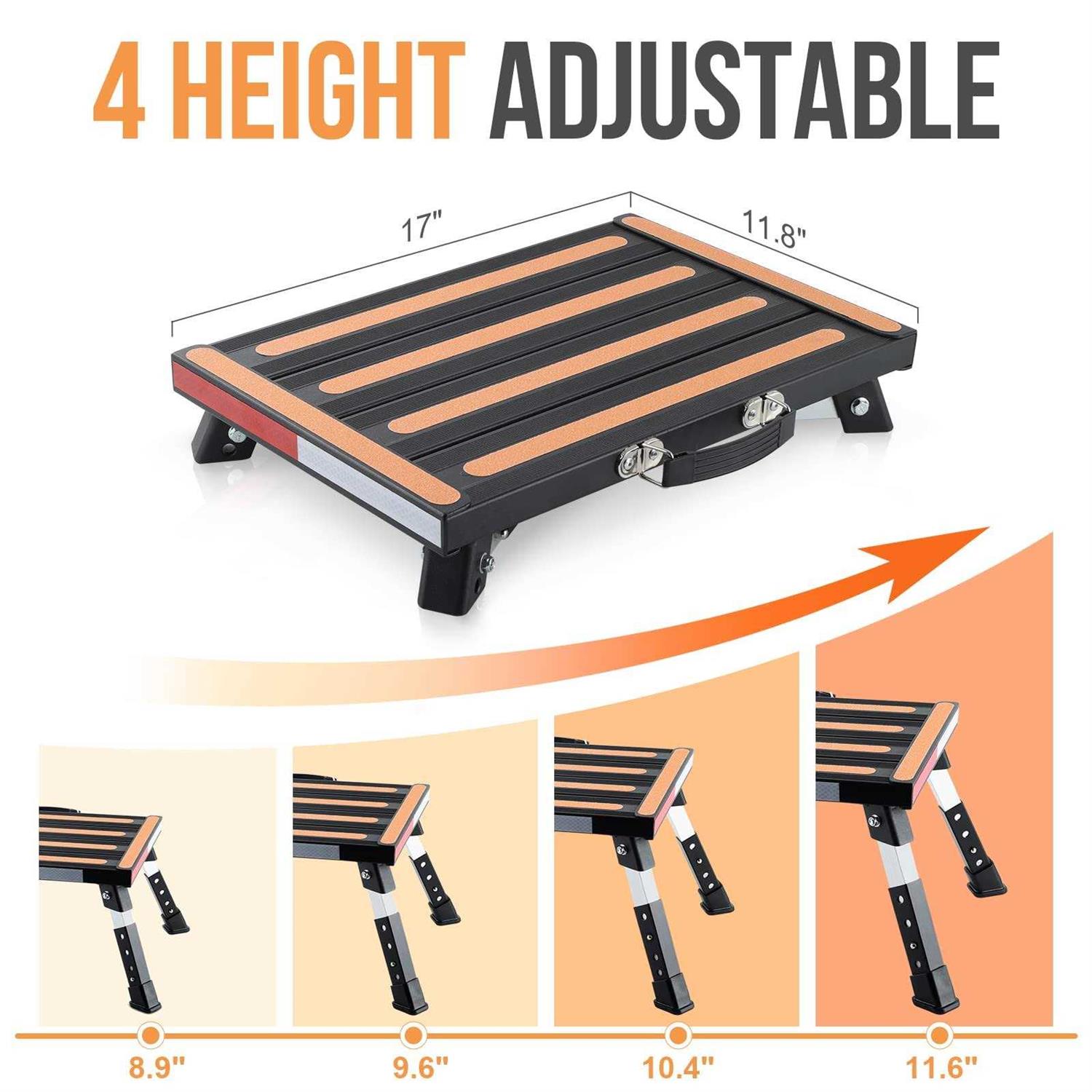Yagud RV Stool, Adjustable Height Folding Step Stool with Non-slip Surface, Rubber Feet, Handle and Reflective Strips - Inhomebuy