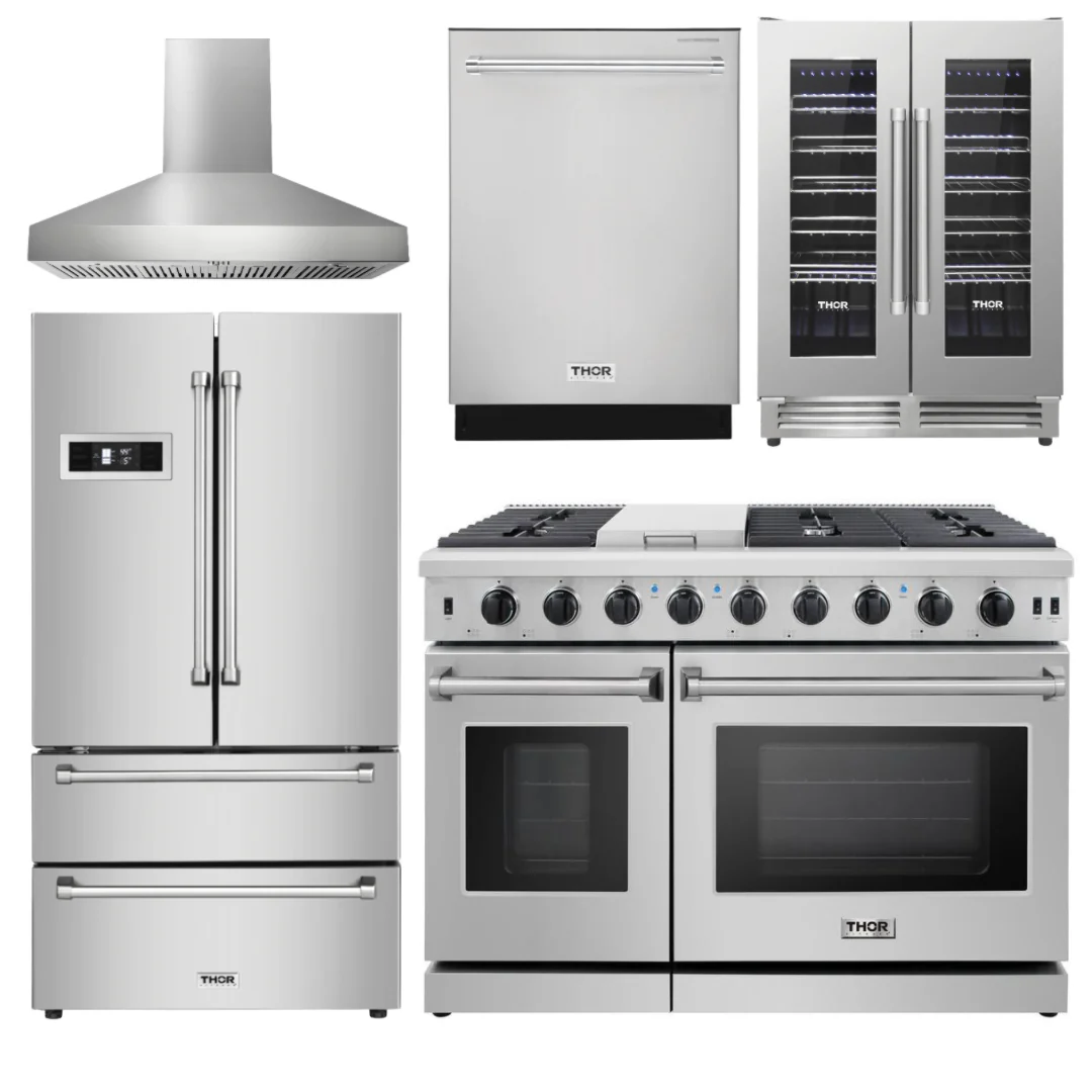Thor Appliance Bundle - 48 In. Propane Gas Range, Range Hood, Refrigerator, Dishwasher, Wine Cooler, AB-LRG4807ULP-W-3 - Inhomebuy