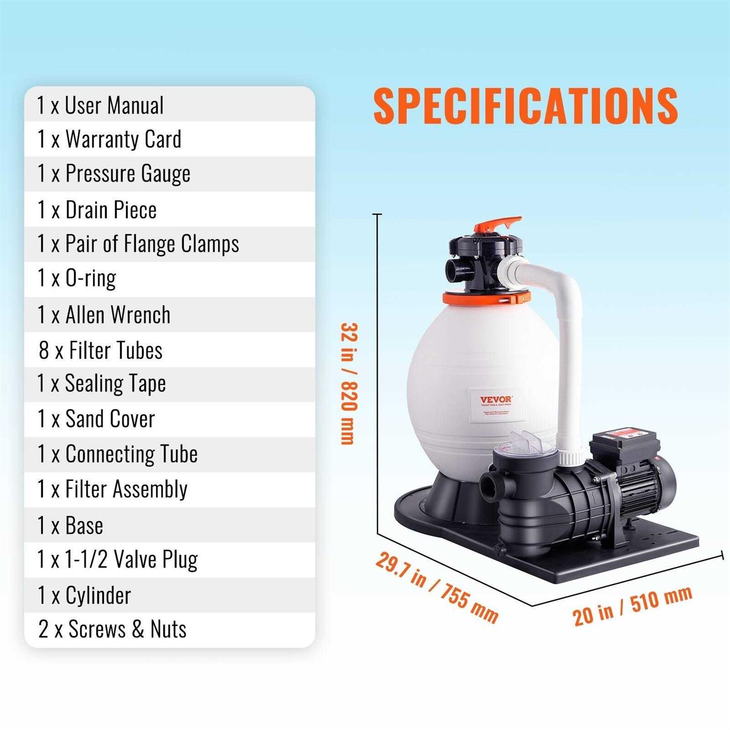 VEVOR Sand Filter Pump GPH Swimming Pool Pump Filter Set with 6-Way Multi-Port Valve Pool - Inhomebuy
