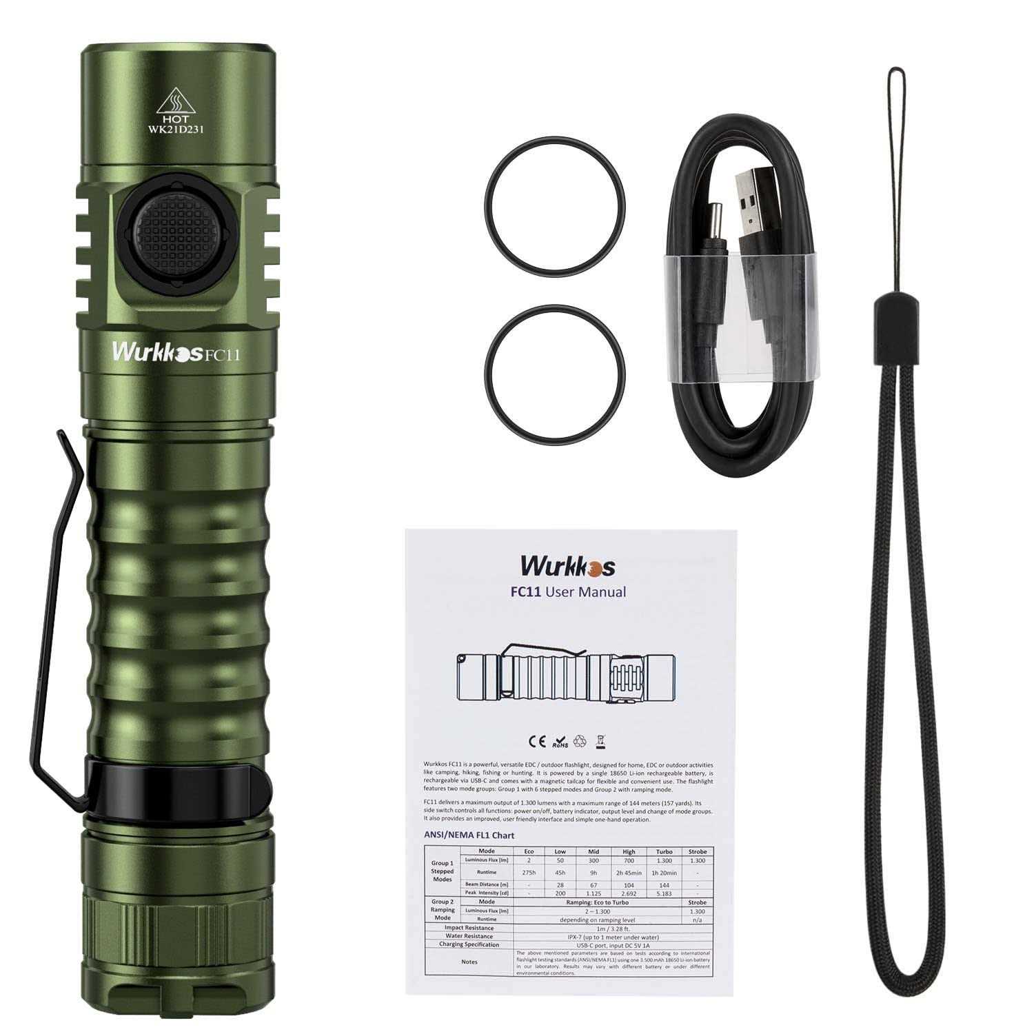 Wurkkos FC11 Rechargeable LED Flashlights Max 1300Lumen High 90CRI EDC USB C Charge,IP67 Waterproof - Inhomebuy