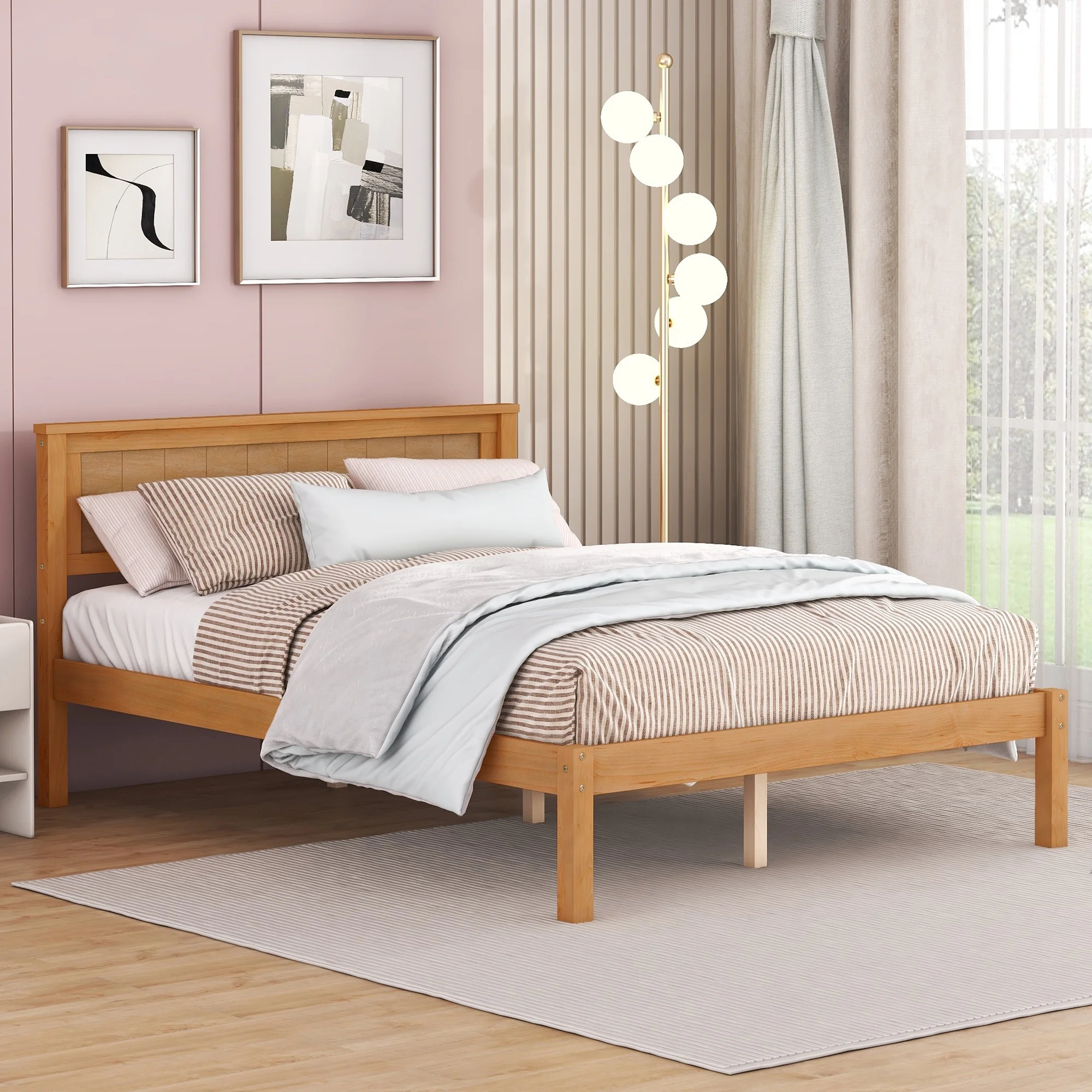 Euroco Twin Platform Bed, Modern Wood Frame Bed with Headboard and Slats for Kids Room, No Box Spring Needed, Oak - Inhomebuy