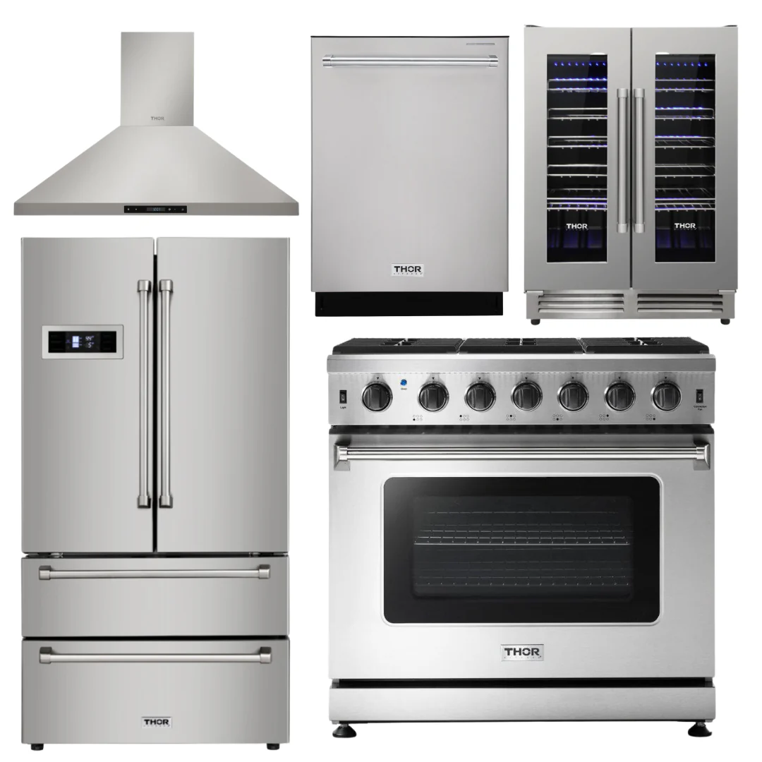 Thor Kitchen Appliance Bundle - 36 in. Natural Gas Range, Range Hood, Refrigerator, Dishwasher, Wine Cooler, AB-LRG3601U-4 - Inhomebuy