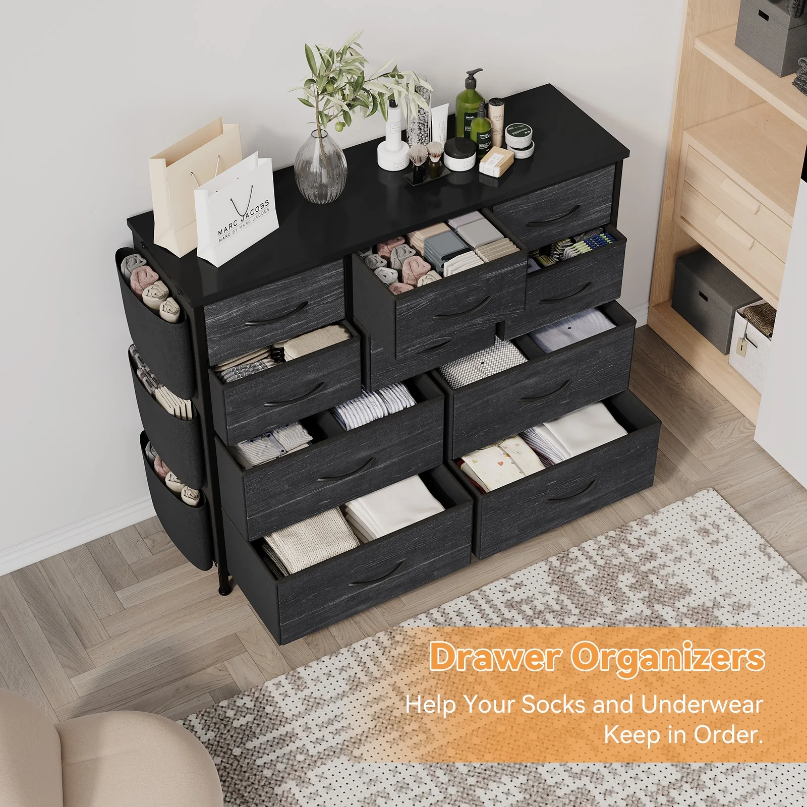 Zzistar 10 Drawers Dresser, Wood Top Dresser Chests of Drawers Storage Organizer Unit with Fabric Drawer - Inhomebuy