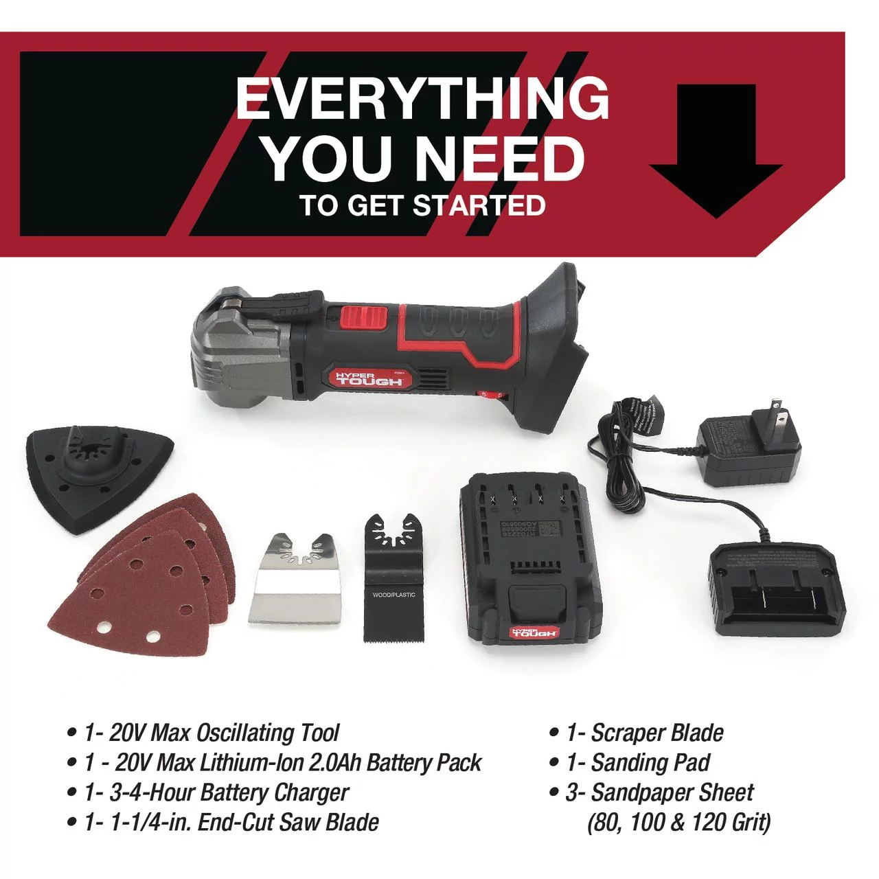 Hyper Tough 20V Max Lithium-Ion Oscillating Power Tool with 2.0 Amp Hour Battery & Charger - Inhomebuy