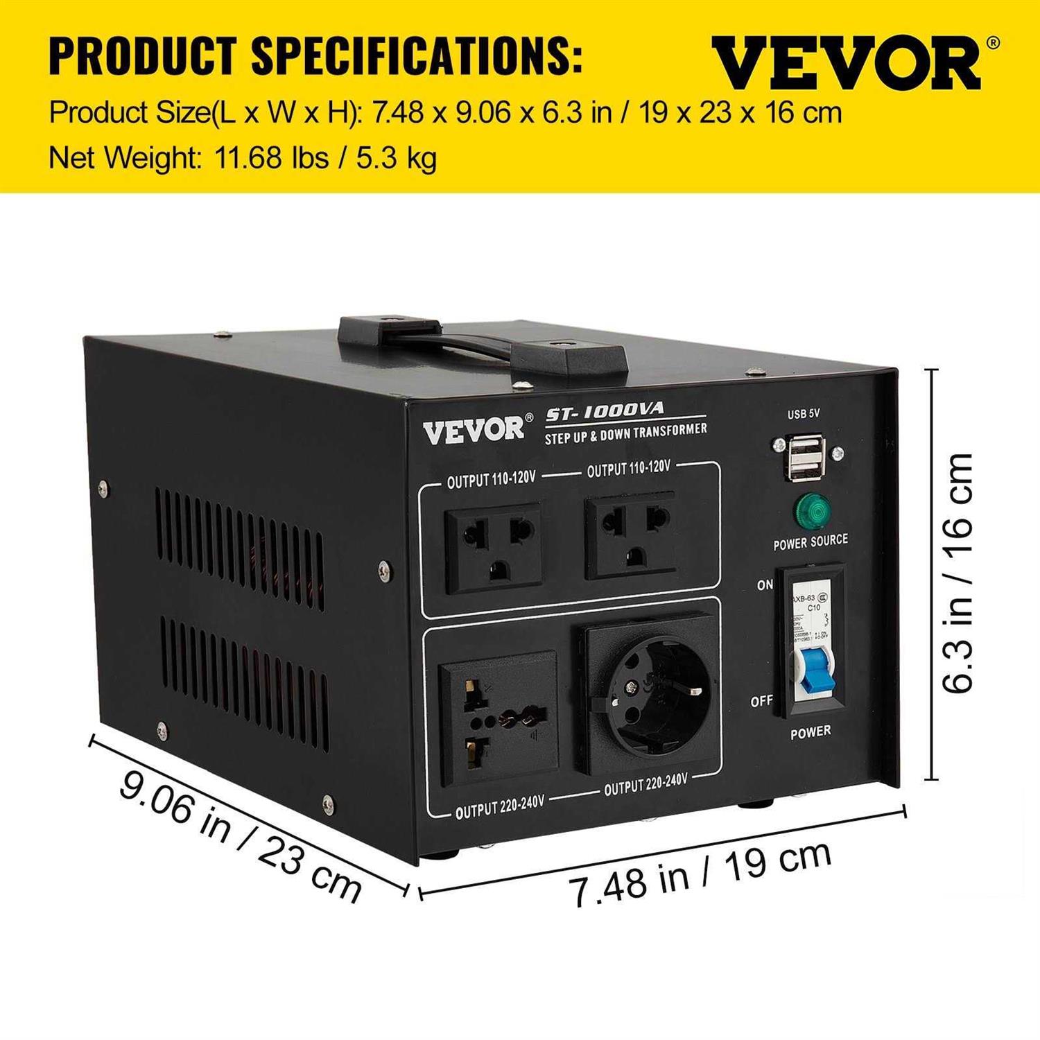 VEVOR Voltage Converter Transformer Heavy Duty Step Up/Down Transformer Convert from 110 Volt to 220 Volt and from 220 Volt to 110 Volt - Inhomebuy