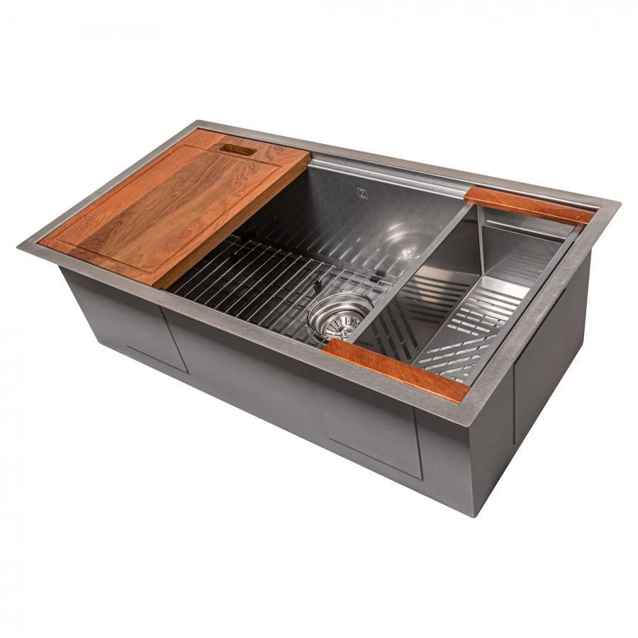 ZLINE 33 in. Garmisch Undermount Single Bowl DuraSnow® Stainless Steel Kitchen Sink with Bottom Grid and Accessories, SLS-33S - Inhomebuy