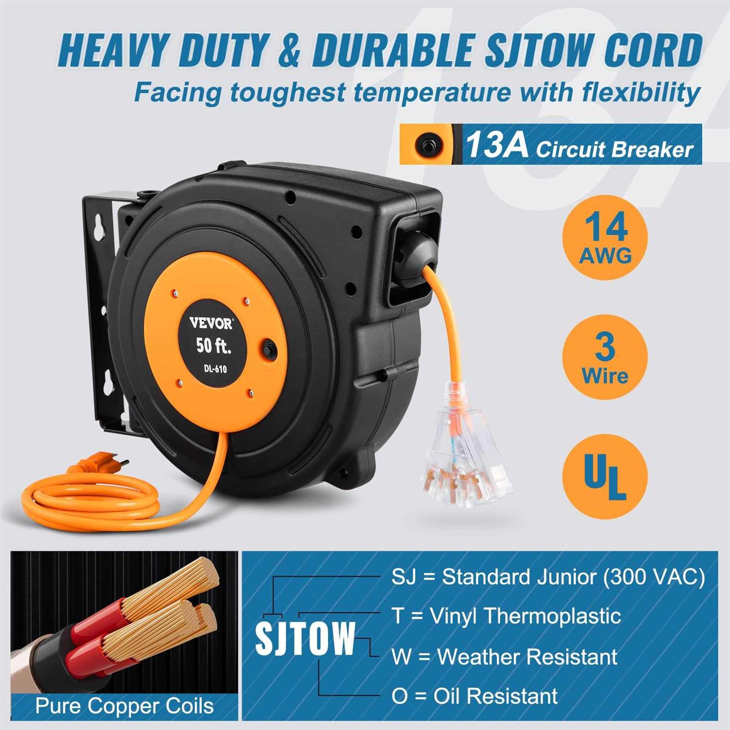 VEVOR Retractable Extension Cord Reel Heavy Duty 3C SJTOW Power Cord - Inhomebuy