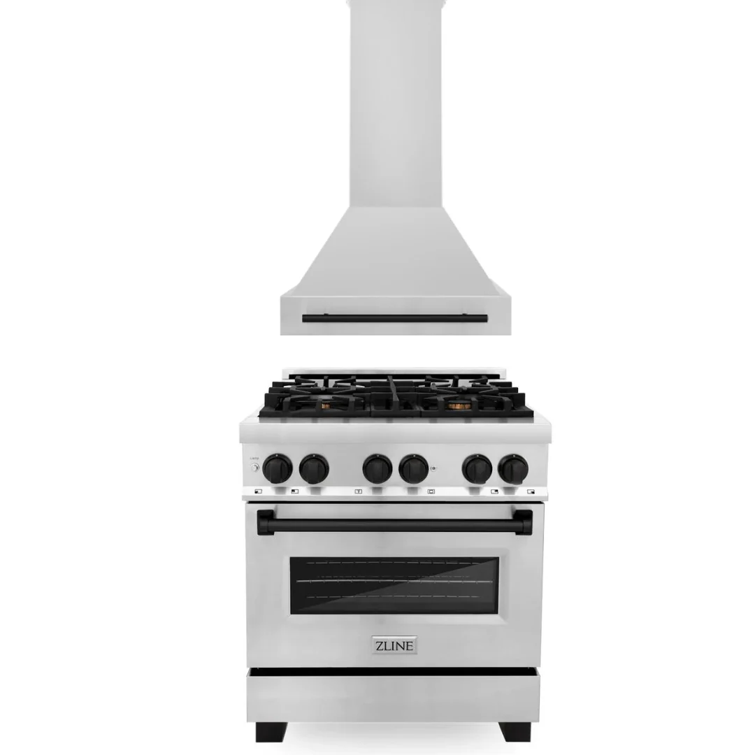 ZLINE Autograph Package - 30 In. Dual Fuel Range, Range Hood in Stainless Steel with Matte Black Accents, 2AKP-RARH30-MB - Inhomebuy