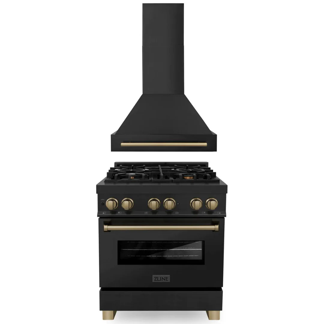 ZLINE Autograph Package - 30 In. Dual Fuel Range, Range Hood in Black Stainless Steel with Champagne Bronze Accents, 2AKP-RABRH30-CB - Inhomebuy