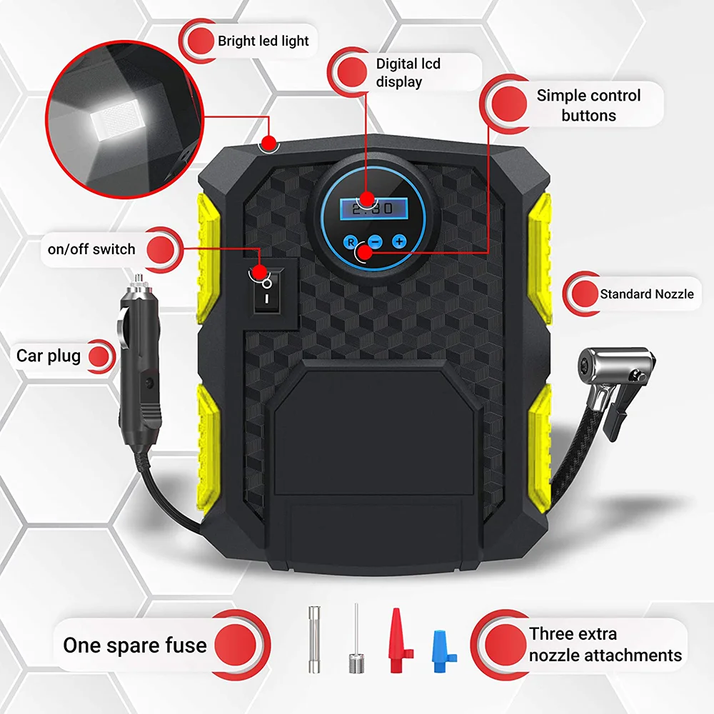 SUPTREE Tire Inflator Portable Air Pump for Car with LED Light Digital Tire Pressure Gauge w/Auto Pump/Shut Off - Inhomebuy