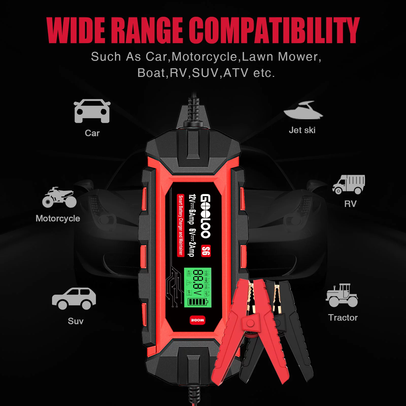 GOOLOO 6A Automotive Battery Charger,6 Amp 6V 12V(Up to 150Ah)Battery Charger and Maintainer Smart Trickle Charger Portable with LCD Display Pulse Repair for Vehicles - Inhomebuy