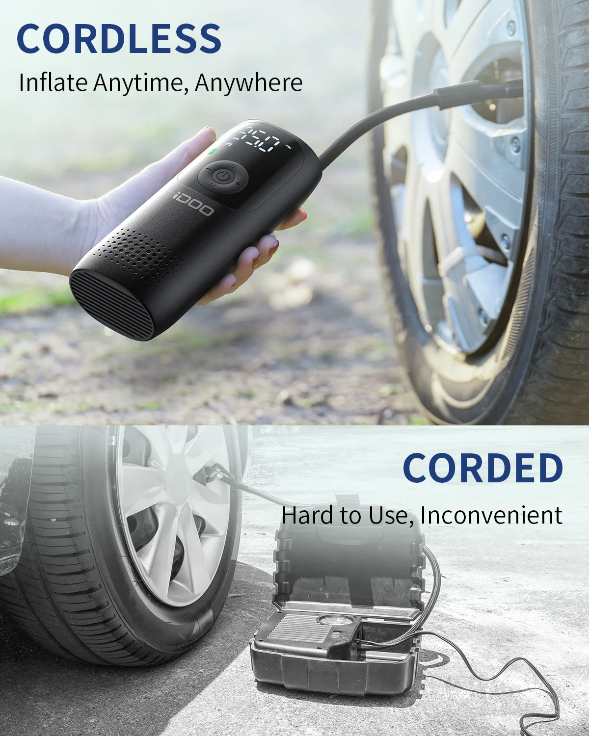 iDOO 150PSI Cordless Tire Inflator 4000mAh Portable Air Compressor Fits Car/Bicycle/Motorcycle Tires Balls - Inhomebuy