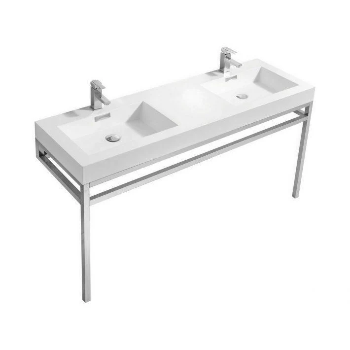 KubeBath Haus 60 in. Double Sink Stainless Steel Console w/ White Acrylic Sink - Chrome, CH60D - Inhomebuy