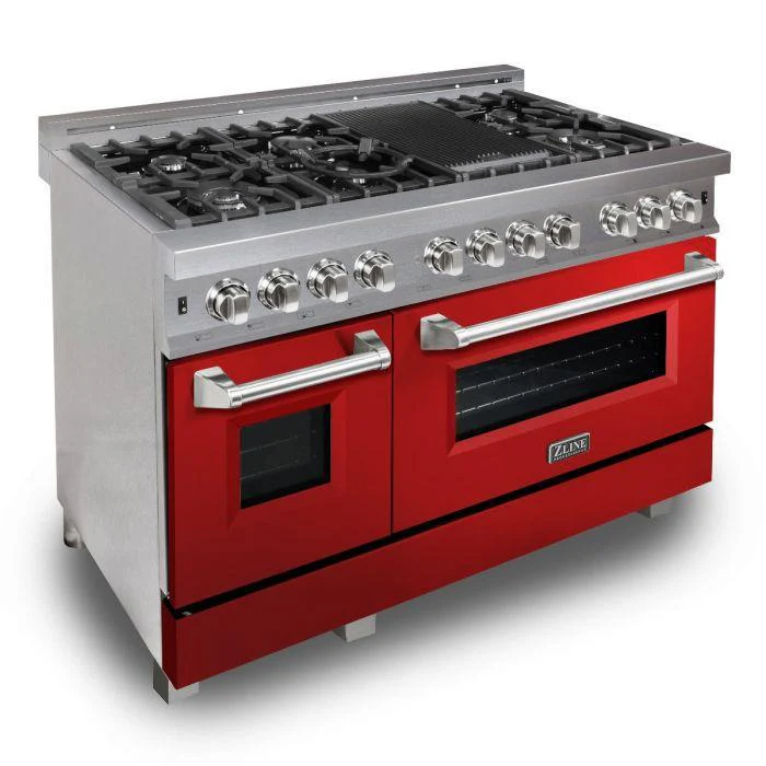 ZLINE 48 in. Professional Gas Burner/Electric Oven DuraSnow® Stainless 6.0 cu.ft. 7 Range with Red Gloss Door, RAS-RG-48 - Inhomebuy