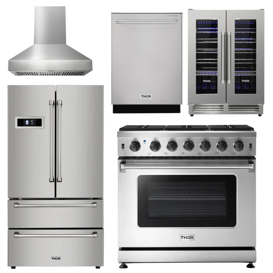 Thor Kitchen Package - 36 In Gas Range, Range Hood, Refrigerator, Dishwasher, Wine Cooler, AP-LRG3601U-W-3 - Inhomebuy